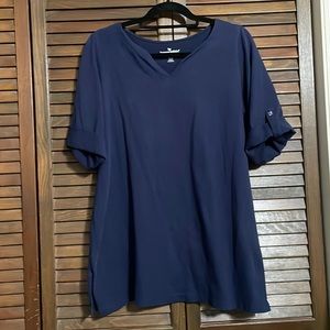 Woman Within navy cotton tunic tee 3/4 sleeves 14/16 split neck tab